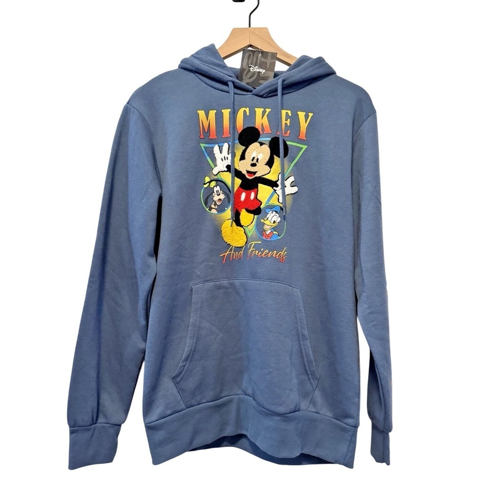 Disney Hoodie Men Medium Blue Mickey and Friends Chenille Patch Graphic Pullover